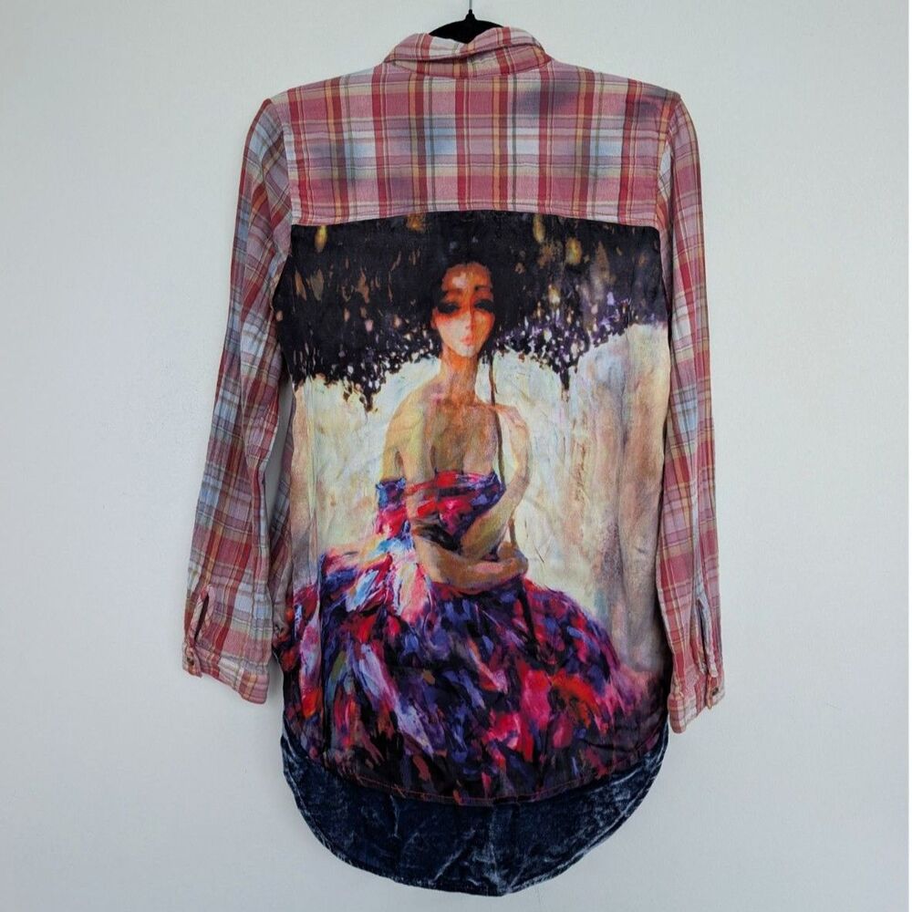 Aratta Silent Journey Mixed Media Plaid Artsy Button Up Long Sleeve Shirt Sz S